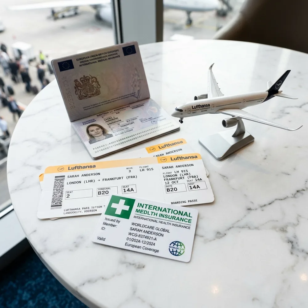 Tarjeta de asistencia médica internacional, pasaporte y pases de abordar para viajar por el espacio Schengen europeo.