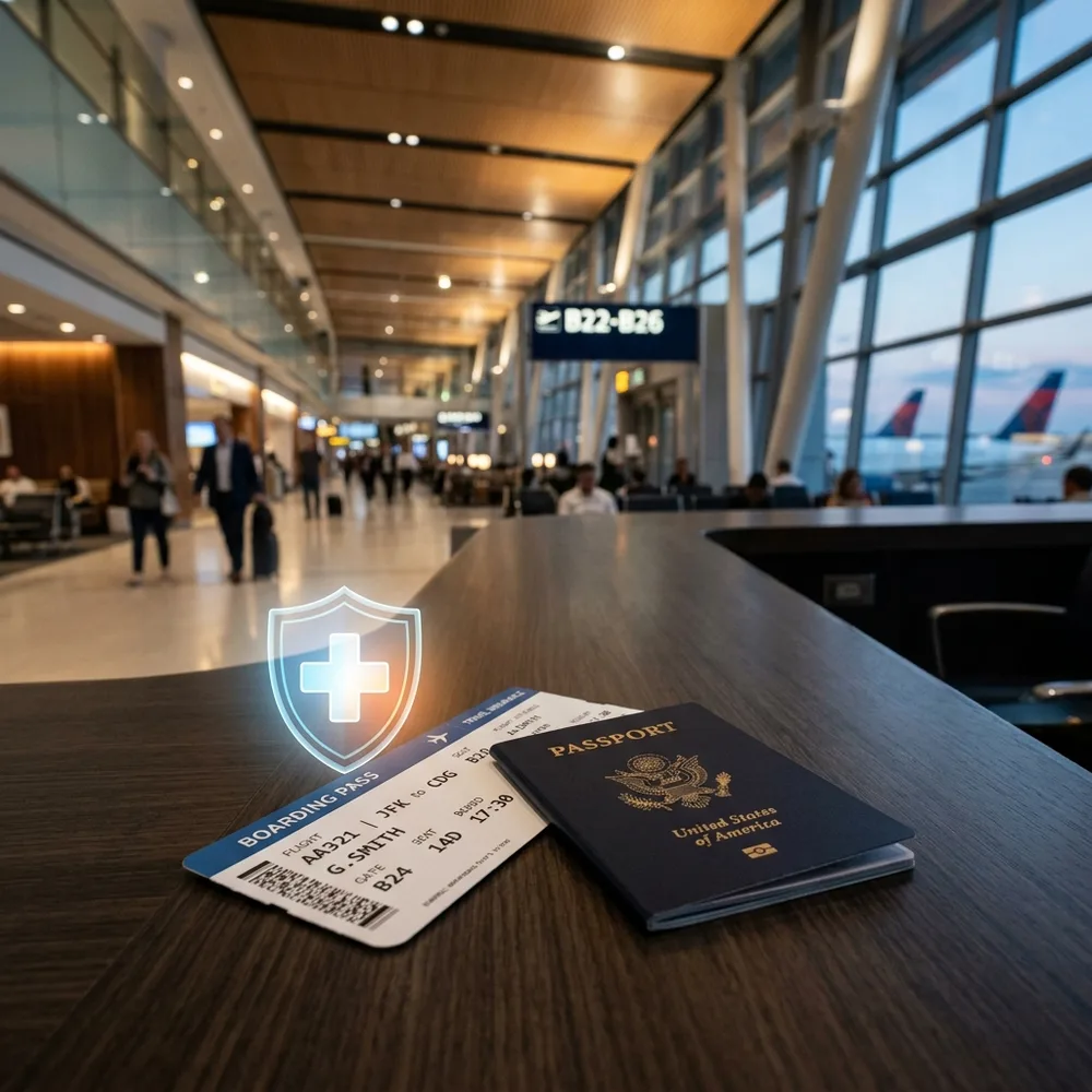 Póliza de seguro médico de viaje internacional y pasaporte en aeropuerto