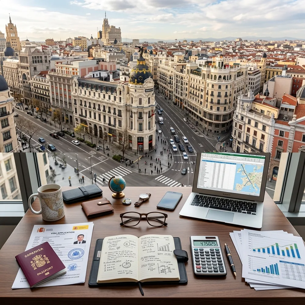 Pasaporte, estados de cuenta bancaria y calculadora con Plaza Mayor de Madrid de fondo