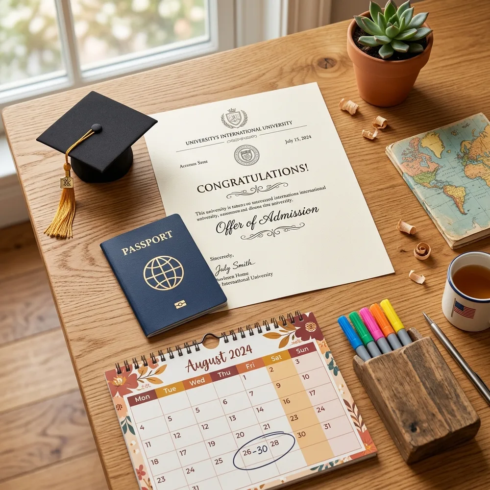 Cronograma de solicitud de visa de estudios con calendario y documentos