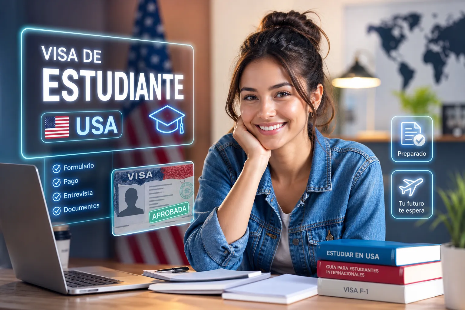 Estudiante preparando pasaporte de Ecuador, documentos oficiales I-20 de admisión universitaria y comprobantes de SEVIS para solicitar su visa de estudiante para Estados Unidos.